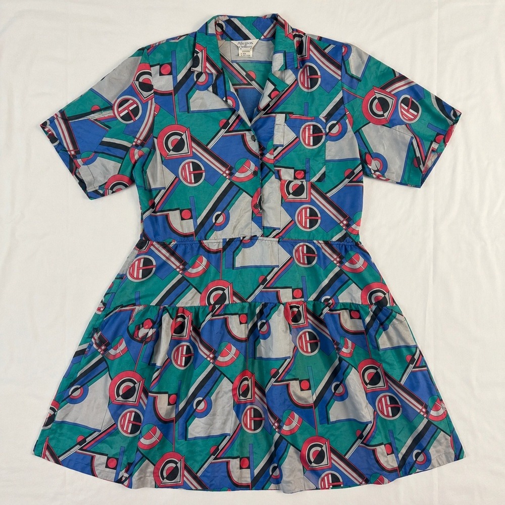 Memphis Vtg 80s‎ Dress Geometric Allyson Holley Abstract Teal Blue L Maximalist